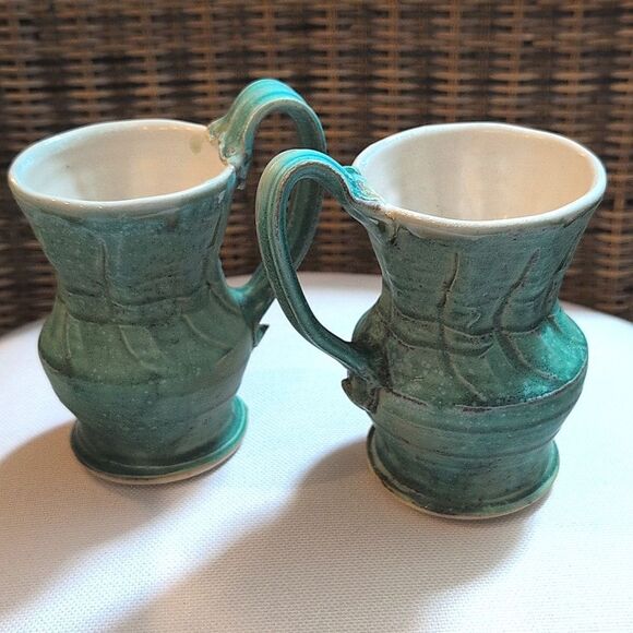 Handmade Turquoise Ceramic Textured Coffee Mug Set Artist Signed Pottery Cups - Picture 9 of 9